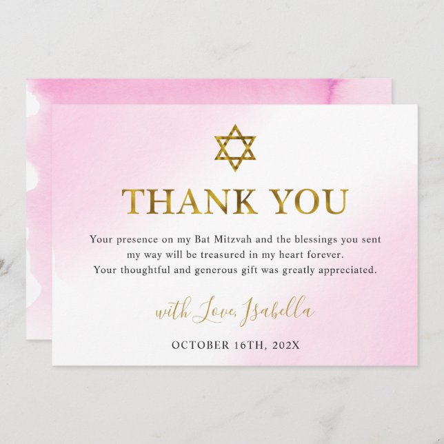 Elegante Farbe Pastel Pink Gold Bat Mitzvah Dankeskarte (Vorne/Hinten)