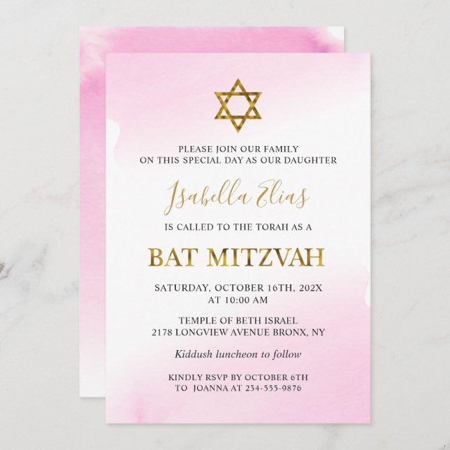 Elegante Farbe Pastel Pink Gold Bat Mitzvah Einladung (Vorne/Hinten)