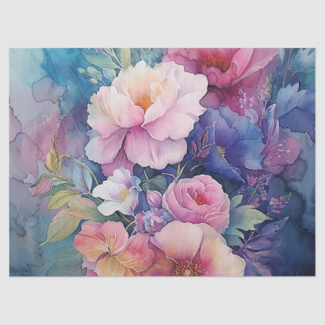 Elegante Farben Wasserfarbe Blumendekoupage Seidenpapier (Vorderseite)