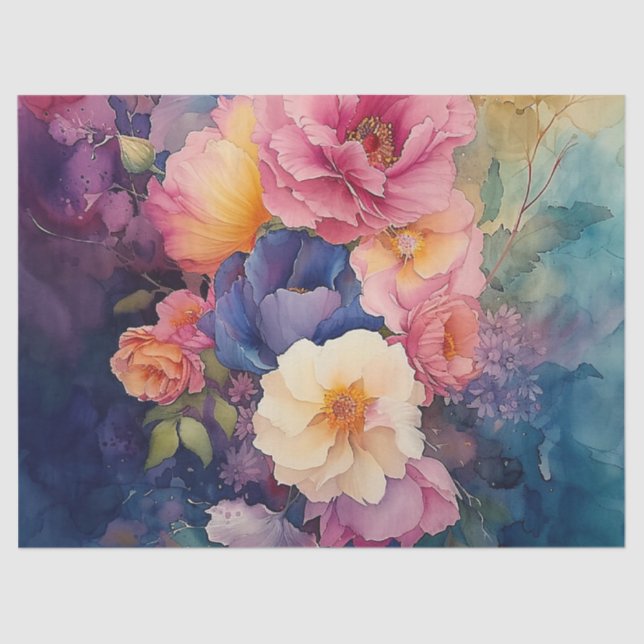 Elegante Farben Wasserfarbe Blumendekoupage Seidenpapier (Vorderseite)