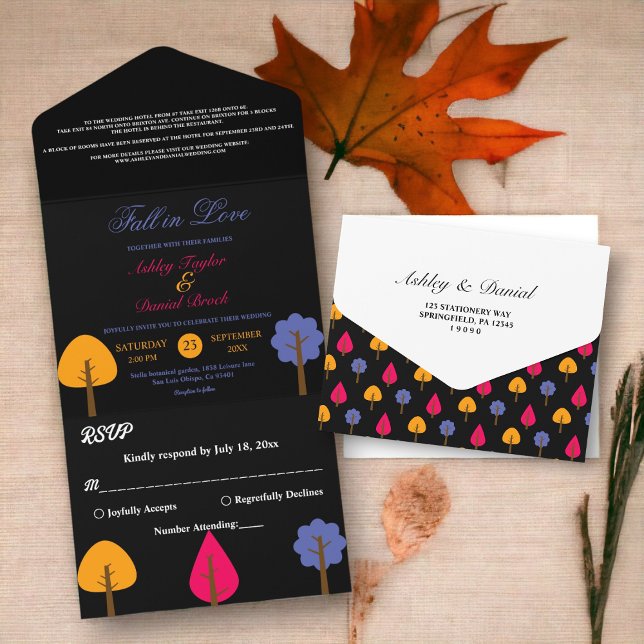 Elegante farbenfrohe Bäume Rustikale Schwarze Hoch All In One Einladung (Von Creator hochgeladen)