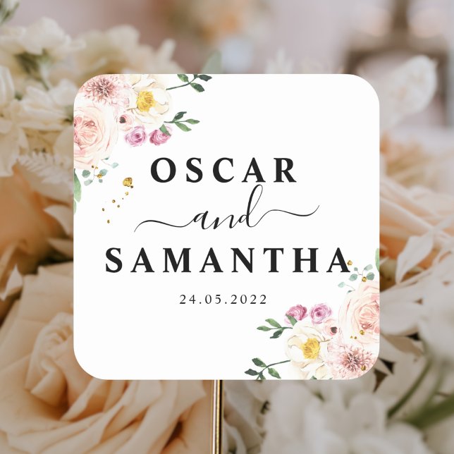 Elegante farbenfrohe Blume & Goldstücke Quadratischer Aufkleber (Von Creator hochgeladen)