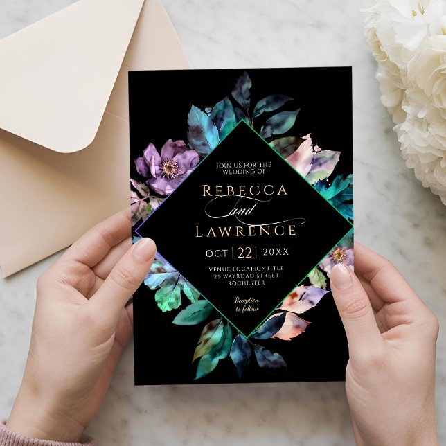 Elegante farbenfrohe Blumen schwarze Hochzeit Einladung (Von Creator hochgeladen)