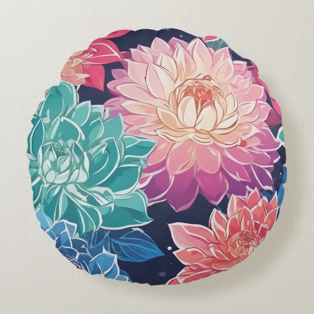 Elegante farbenfrohe Dahlia-Blume auf dunklem Hint Rundes Kissen (Vorderseite)