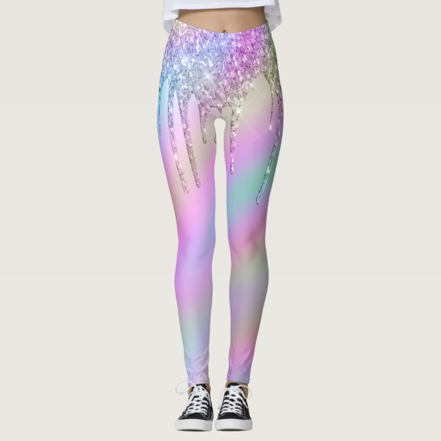 Elegante, farbenfrohe, holografische Glitzer-Tropf Leggings (Vorderseite)