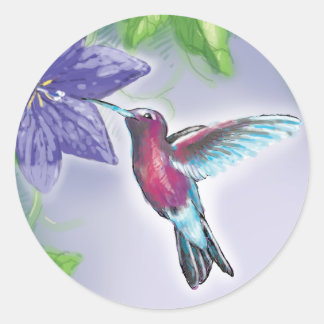 elegante farbenfrohe Kolibri und violette Blumen Runder Aufkleber