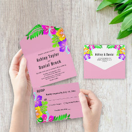 Elegante farbenfrohe Rose Boho Pink Blumenhochzeit All In One Einladung