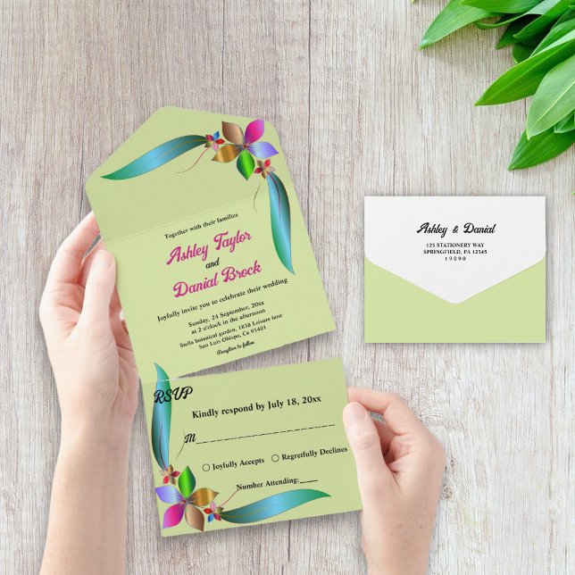 Elegante farbenfrohe Rose Shiny Boho Blumenhochzei All In One Einladung (Von Creator hochgeladen)