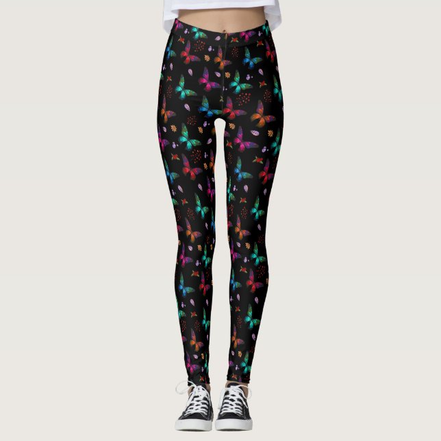 Elegante farbenfrohe Schmetterlinge auf schwarz Leggings (Vorderseite)