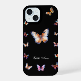 Elegante farbenfrohe Schmetterlinge Custom Monogra iPhone 15 Hülle