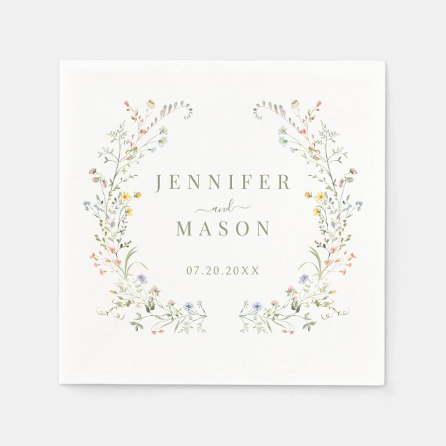Elegante farbenfrohe Wildblume Hochzeit auf der Bl Serviette (Vorderseite)