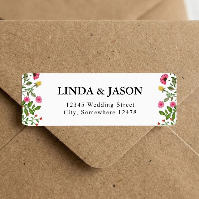 Elegante farbenfrohe Wildblume Hochzeit Rücksendea (Elegant wildflower return address labels add colorful charm to your wedding mail.)