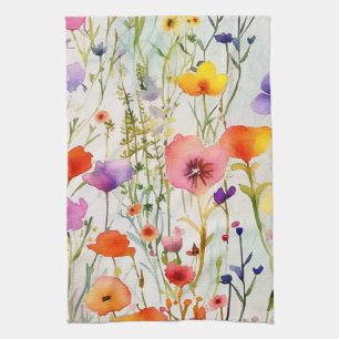 Elegante farbenfrohe Wildblumen Aquarell Geschirrtuch