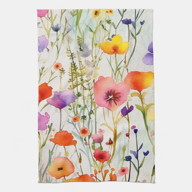 Elegante farbenfrohe Wildblumen Aquarell Geschirrtuch (Vertikal)