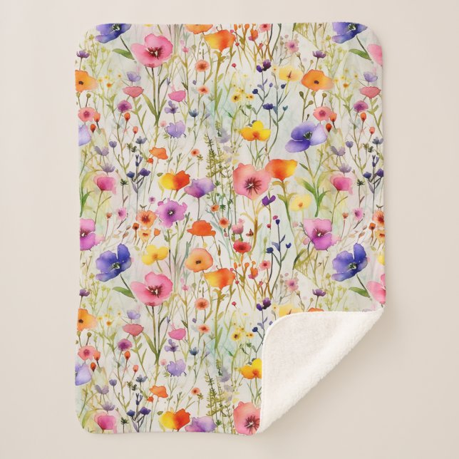 Elegante farbenfrohe Wildblumen Aquarell Sherpadecke (Vorderseite)