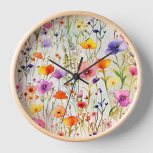 Elegante farbenfrohe Wildblumen Aquarell Uhr