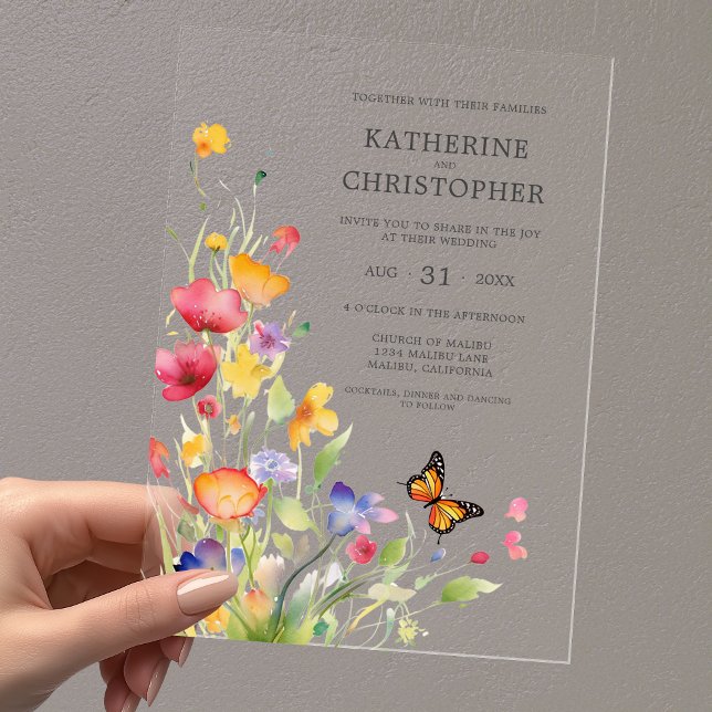 Elegante farbenfrohe Wildblumen Butterfly Wedding Acryleinladungen (Elegant Colorful Wildflowers Butterfly Wedding Acrylic Invitation with Pink, Orange, Yellow Flowers.)