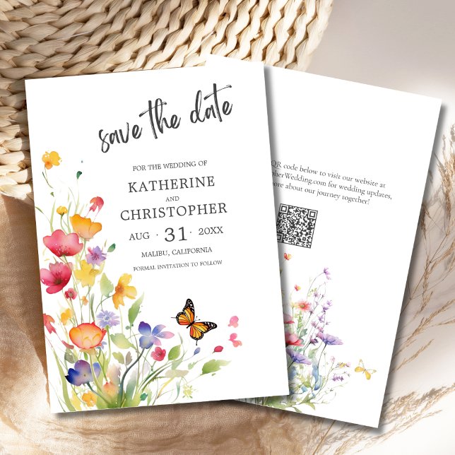 Elegante farbenfrohe Wildblumen Hochzeit Save The Date (Elegant Colorful Wildflowers Wedding Save the Date with QR Code, Pink, Orange, Purple Flowers.)
