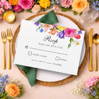 Elegante Farbige Kühne Aquarell Blumen Hochzeit RSVP Karte