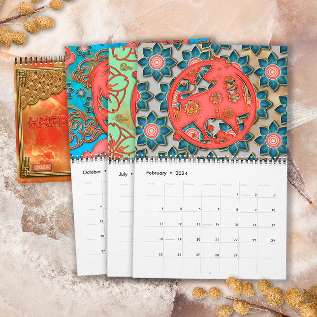 Elegante farbige Red Gold 12 chinesische Zodiac-Ze Kalender (Von Creator hochgeladen)