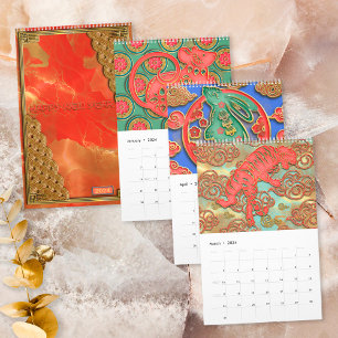 Elegante Farbige Rot Gold 12 Chinesische Tierkreis Kalender