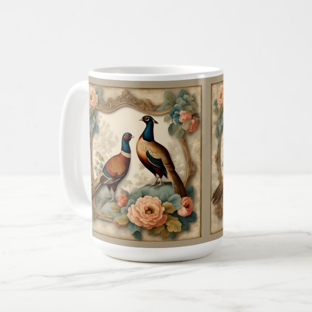 Elegante Fasane und Rose Collage Kaffeetasse (Vorderseite Links)