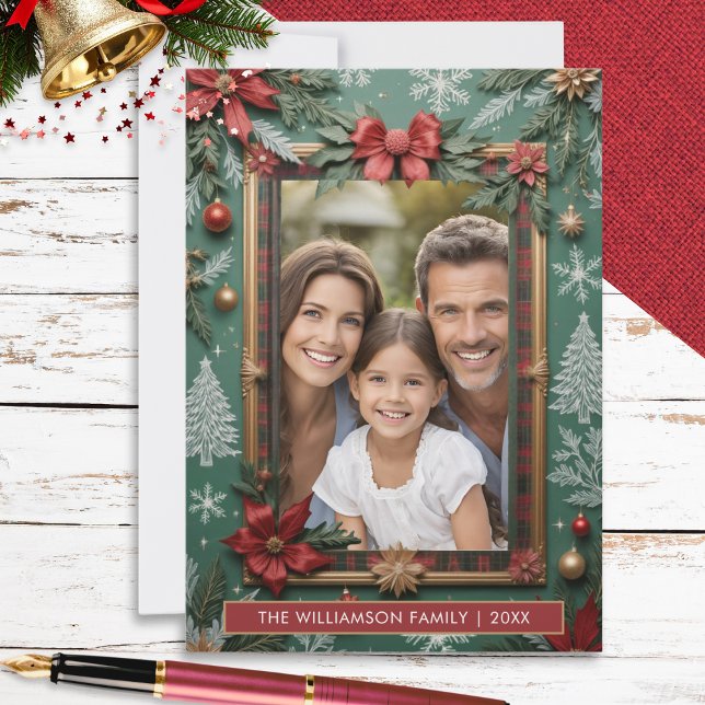 Elegante Faux-verzierte flache Weihnachten (An elegant Christmas card in festive red, green and white, with space for your custom photo and name)