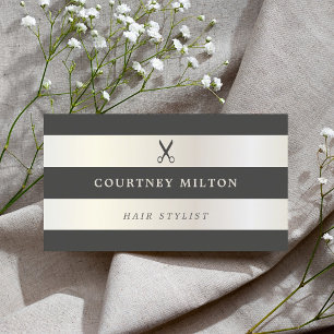 Elegante Faux Weiß Gold Grau Streifen Hairstylist Visitenkarte