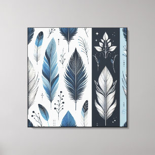 Elegante Federsymphonie in Blau und Silber Leinwanddruck