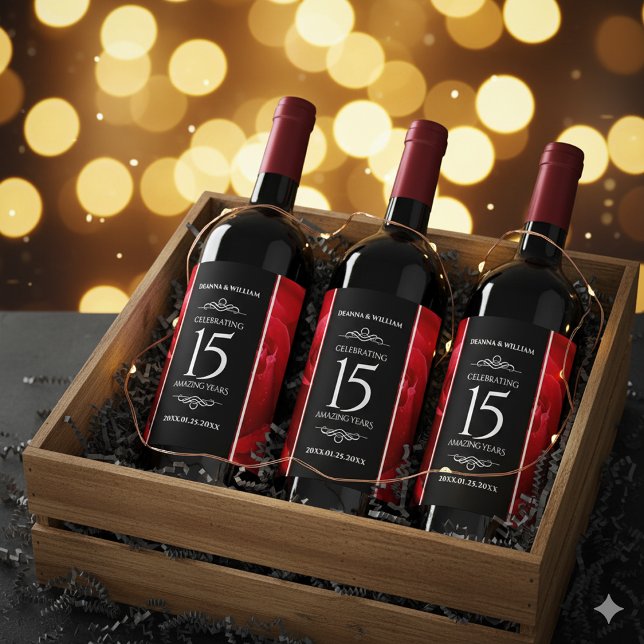 Elegante Feier zum 15. Rose Weinetikett (15th Rose Wedding Anniversary Wine/Liquor Drink Labels Cover Photo)