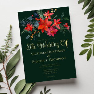Elegante Feiertags-Blumen-Winterhochzeit Grün Gold Folieneinladung
