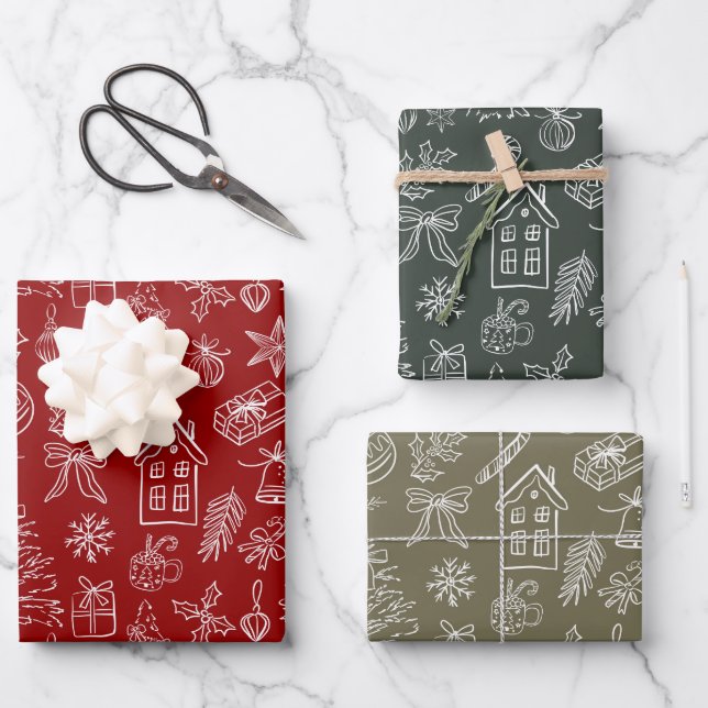 Elegante Feiertags-Doodle Geschenkpapier Set (Vorderseite)