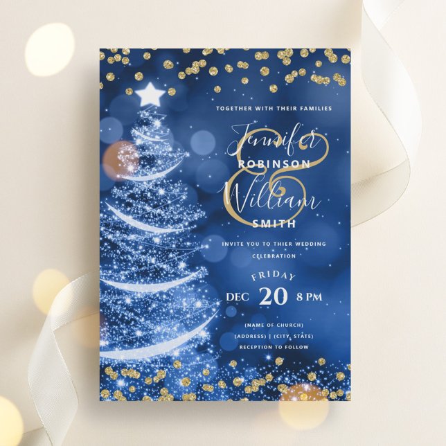 Elegante Festive Gold Blue Wedding Xmas Tree Einladung (Elegant Festive Gold Blue Wedding Xmas Tree Invitation)