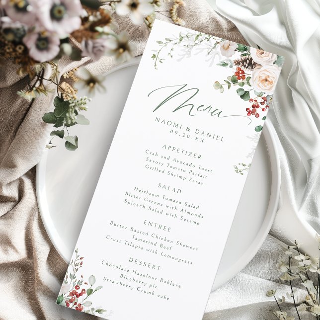 Elegante festliche Blumen-Hochzeit im Winter Menükarte (Elegant Festive Floral Holiday Winter Wedding Menu)