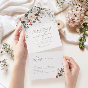 Elegante Festliche Florale Winterhochzeit All In One Einladung
