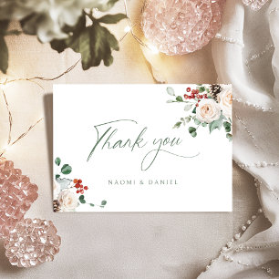 Elegante festliche florale Winterhochzeit Dankeskarte