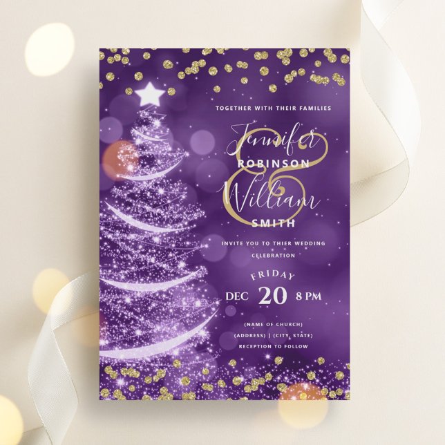 Elegante festliche Gold Lila Hochzeit Weihnachtsba Einladung (Elegant Festive Gold Purple Wedding Xmas Tree Invitation)