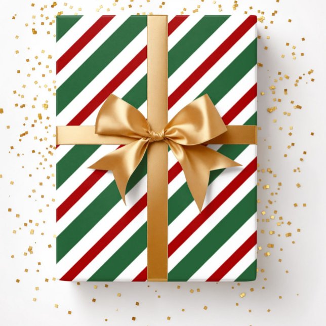 Elegante festliche grüne Streifen Weihnachten Geschenkpapier (Christmas Green Red White Stripes Pattern Wrapping Paper)