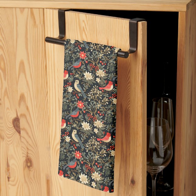 Elegante festliche Vögel & florale Weihnachten Rot Geschirrtuch (Drittel gefaltet)