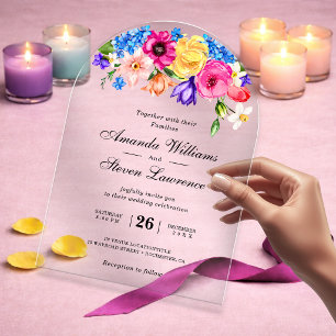Elegante Fette Farbige Aquarell Blumen Hochzeit Acryleinladungen