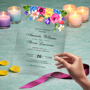 Elegante Fette Farbige Aquarell Blumen Hochzeit Acryleinladungen