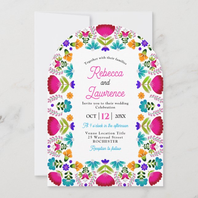 Elegante Fiesta-Hochzeit weißer QR-Code gebogen Einladung (Vorderseite)