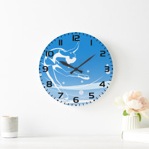 Elegante Figurenskater-Silhouette Schneeflocken Große Wanduhr