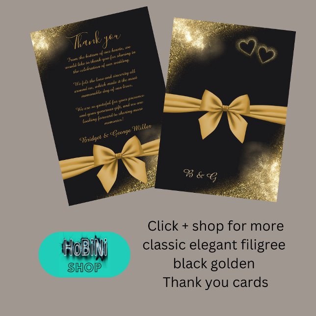 elegante, filigrane schwarz goldene Hochzeitskarte Dankeskarte (classic elegant filigree black golden wedding thank you cards)