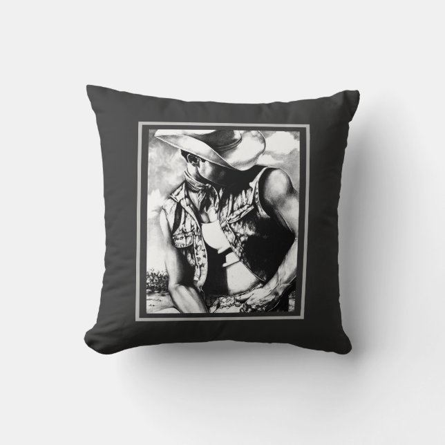 Elegante Fine Art Zeichn eines Cowboy im Wind Kissen (Vorderseite)