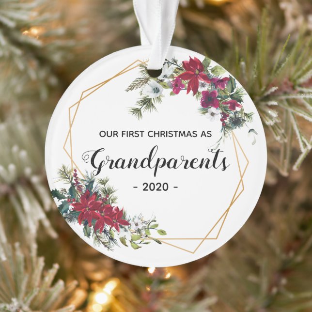Elegante First Christmas Grandeleltern Foto Floral Ornament (Baum)