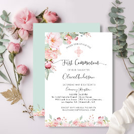 Elegante First Communion Rose Gold, Minze Blüte Einladung
