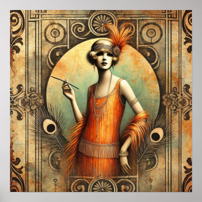 Elegante Flapper Lady in einem orangefarbenen Klei Poster (Vorne)