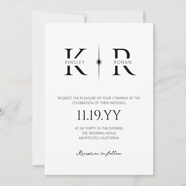 Elegante Flare-Monogramm-Hochzeit Einladung (Vorderseite)
