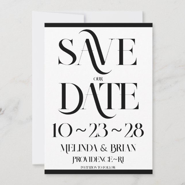 Elegante Flare Typografie Schwarz-Weiß Save The Date (Vorderseite)